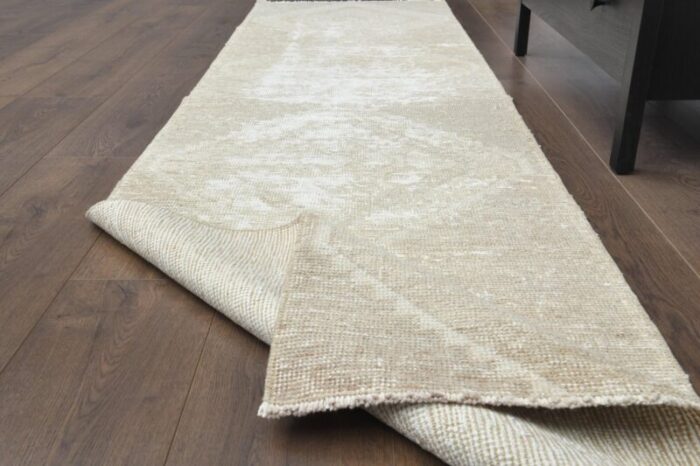 vintage turkish faded neutral wool oushak runner rug 1960s 2 1