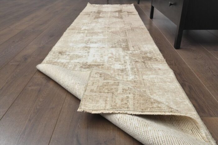 vintage turkish faded neutral wool oushak runner rug 1960s 2