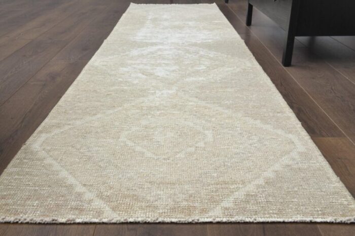 vintage turkish faded neutral wool oushak runner rug 1960s 3 1