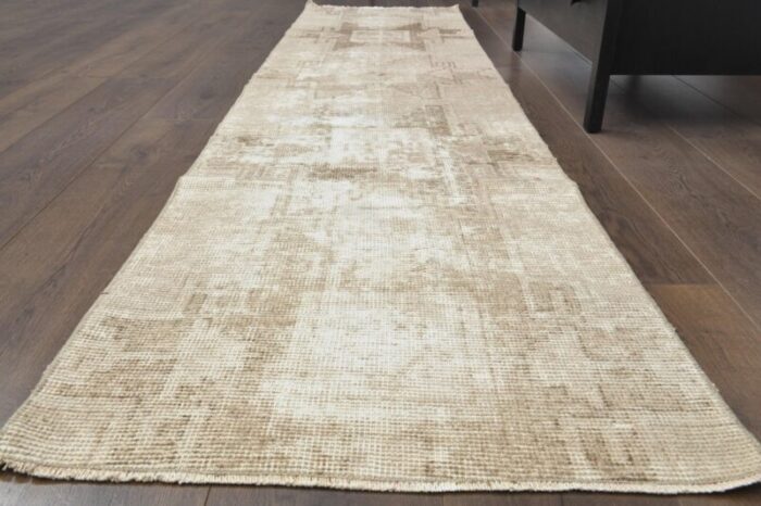 vintage turkish faded neutral wool oushak runner rug 1960s 3