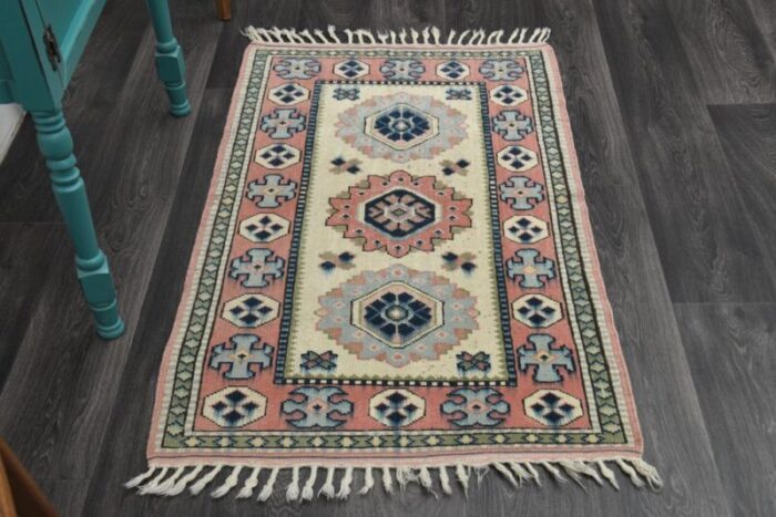 vintage turkish faded red and cream wool oushak rug anatolia 1960s 1