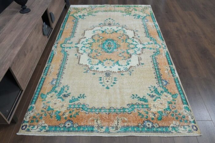 vintage turkish green orange wool oushak rug 1