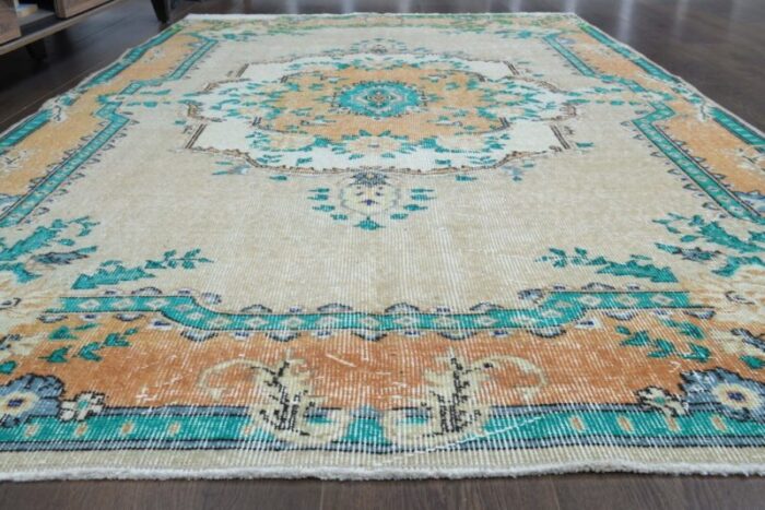 vintage turkish green orange wool oushak rug 10