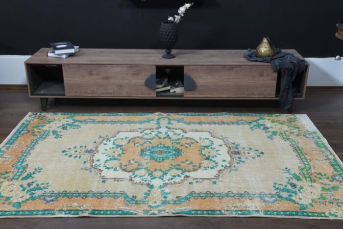 vintage turkish green orange wool oushak rug 2