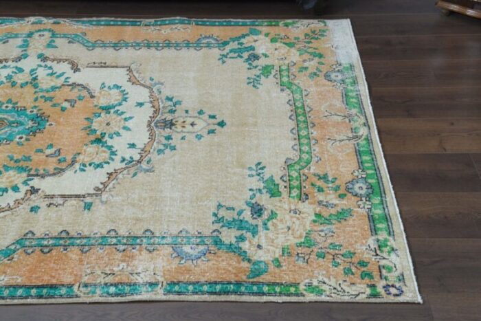 vintage turkish green orange wool oushak rug 5