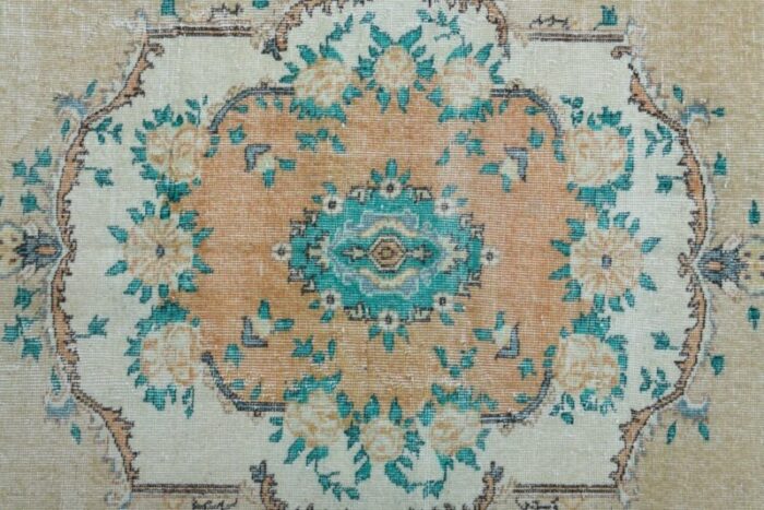 vintage turkish green orange wool oushak rug 7