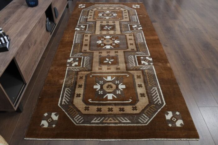 vintage turkish hand knotted brown oushak kilim runner rug 1