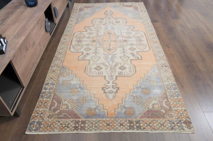 vintage turkish handmade oushak runner rug in pale orange 1