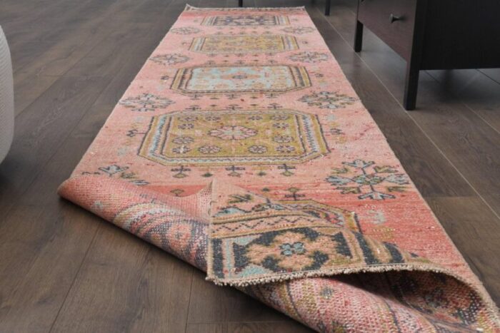 vintage turkish handmade wool oushak runner rug in red 1960s 3