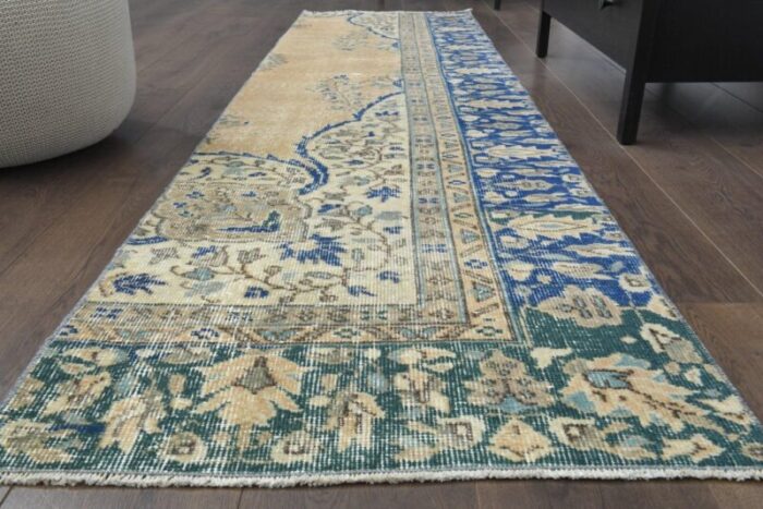 vintage turkish handmade wool oushak runner rug with floral design 1960s 2