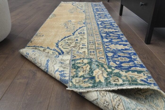 vintage turkish handmade wool oushak runner rug with floral design 1960s 3