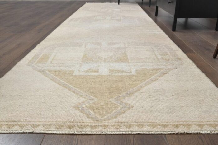 vintage turkish neutral beige wool oushak runner 1940s 4