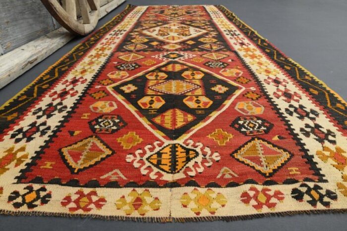 vintage turkish orange brown and green wool area rug 10