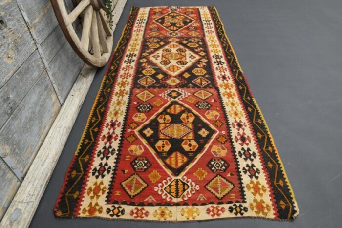 vintage turkish orange brown and green wool area rug 3