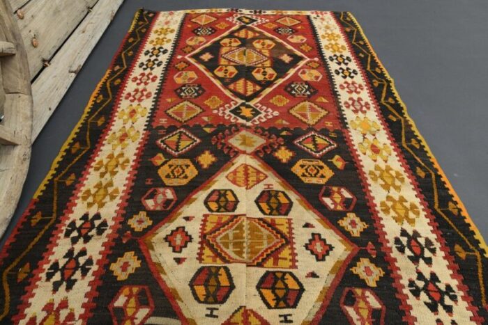 vintage turkish orange brown and green wool area rug 5