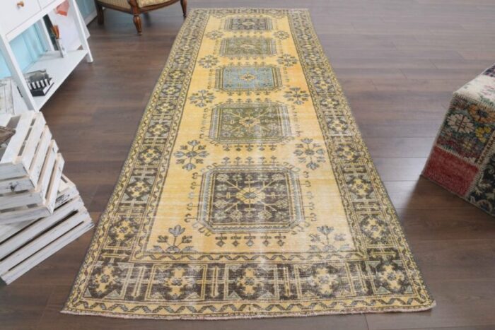 vintage turkish orange green and brown runner rug 3