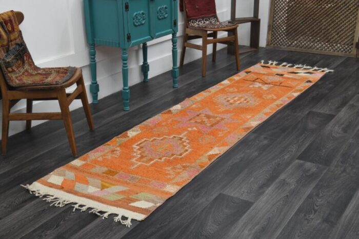 vintage turkish orange oushak runner rug 1960s 2