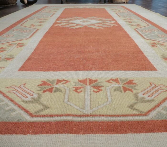 vintage turkish pastel beige and coral rug 4