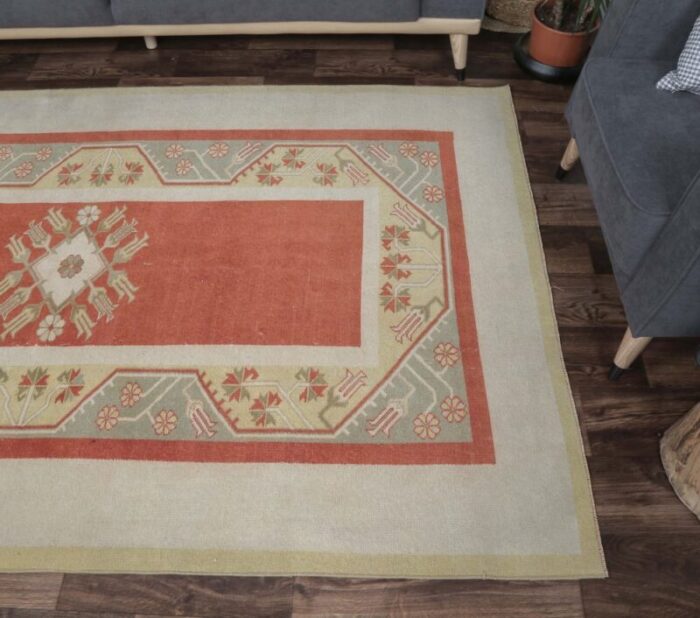 vintage turkish pastel beige and coral rug 5