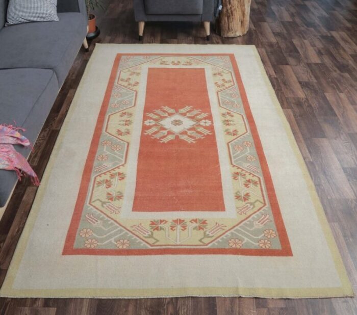 vintage turkish pastel beige and coral rug 7