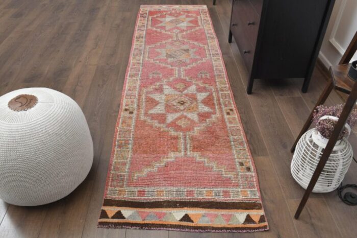 vintage turkish pink wool oushak runner 1960s 1