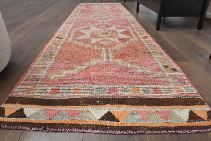 vintage turkish pink wool oushak runner 1960s 2