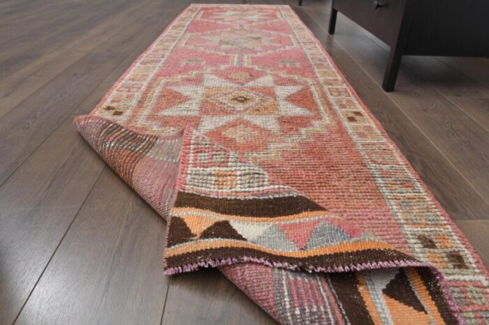 vintage turkish pink wool oushak runner 1960s 3