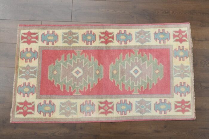 vintage turkish red beige oushak wool runner 1