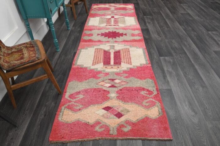 vintage turkish red grey wool oushak runner anatolia 1960s 1