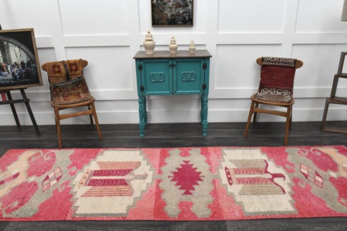 vintage turkish red grey wool oushak runner anatolia 1960s 2