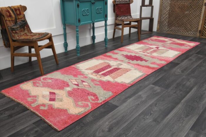 vintage turkish red grey wool oushak runner anatolia 1960s 3