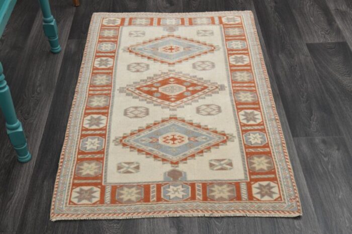 vintage turkish white red wool rug 1960s 1