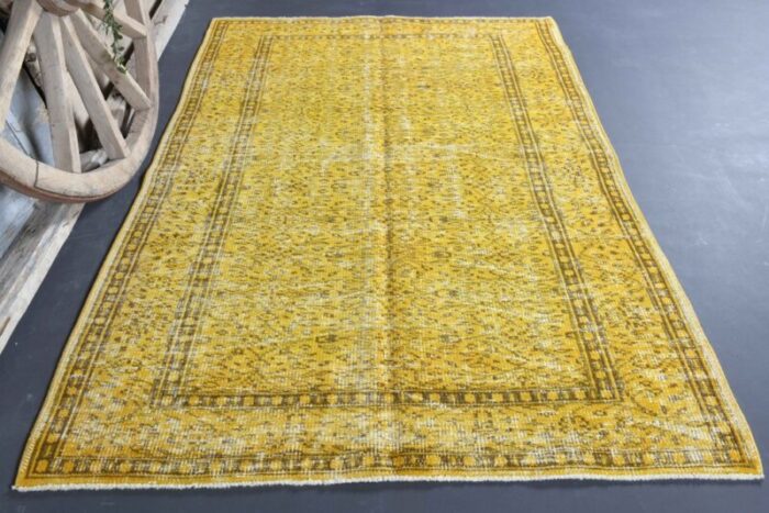 vintage turkish yellow brown wool rug 6