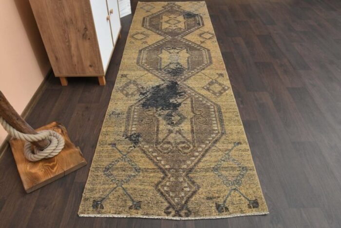 vintage turkish yellow brown wool runner rug anatolia 1