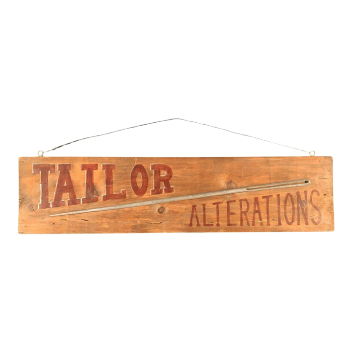 vintage western tailor alterations hanging wood store sign with thread needle 3259