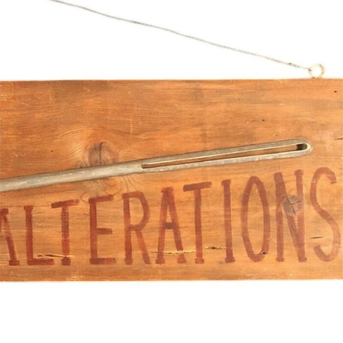 vintage western tailor alterations hanging wood store sign with thread needle 7443