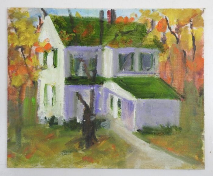 vintage white house green roof impressionist painting 0523