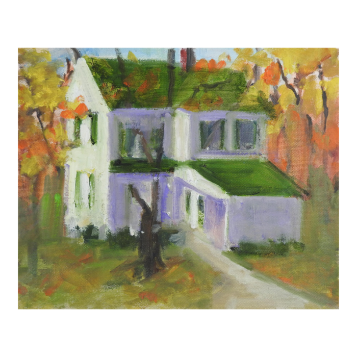 vintage white house green roof impressionist painting 8564