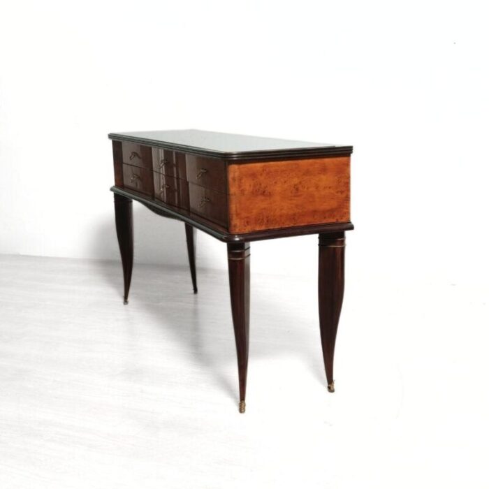 vintage wooden console table with 6 drawers and glass top 7845