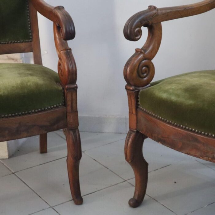 walnut armchairs with original fabric france set of 2 6172