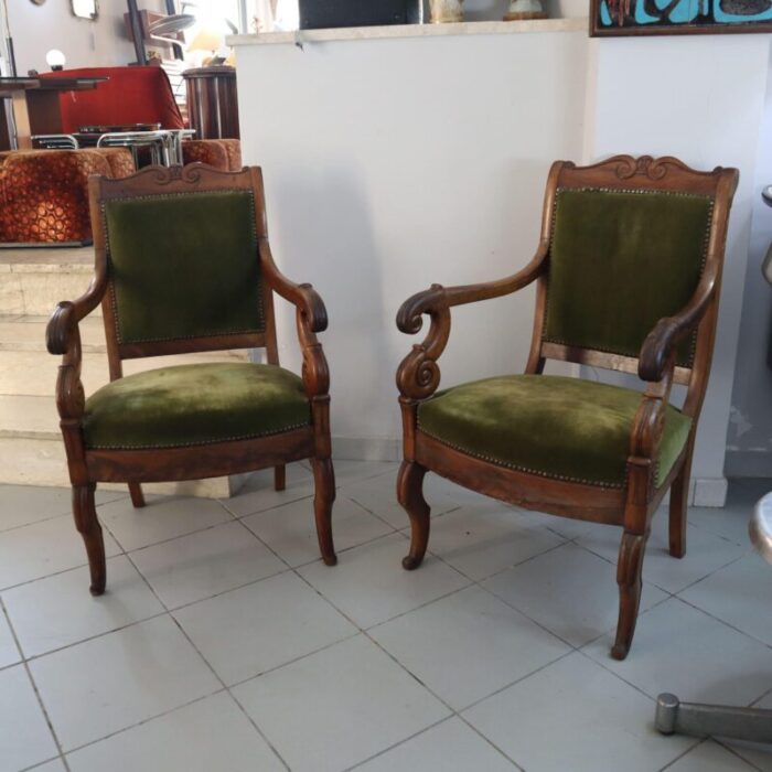 walnut armchairs with original fabric france set of 2 6554