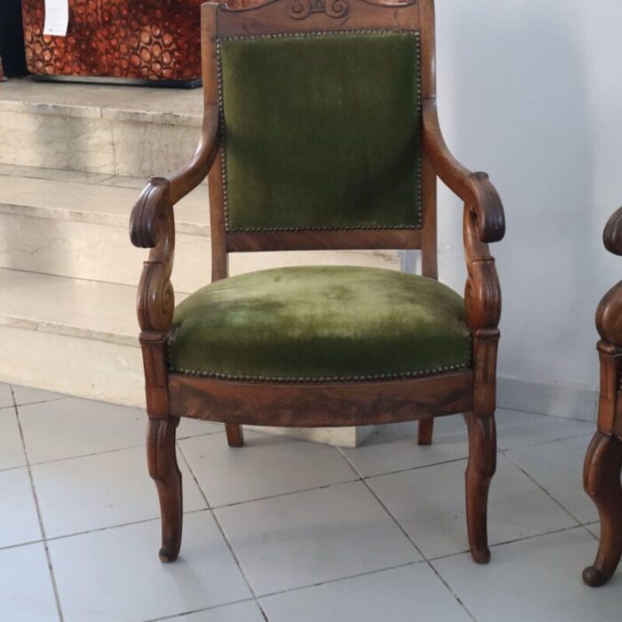 walnut armchairs with original fabric france set of 2 7301