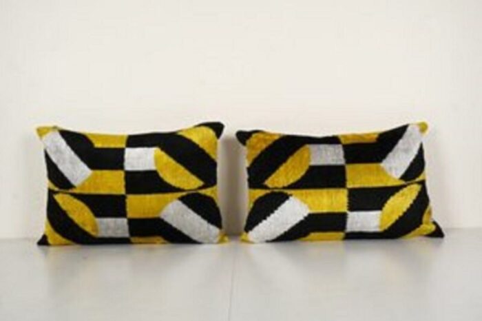 yellow velvet silk ikat lumbar pillow covers uzbekistan 2010s set of 2 1