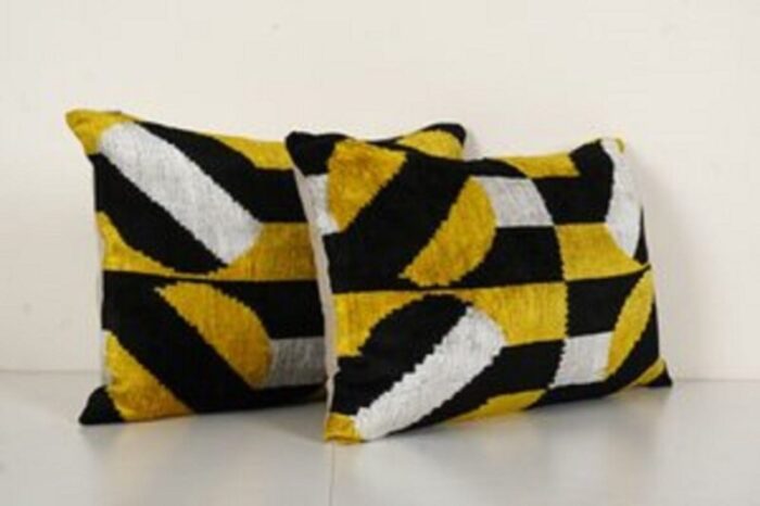 yellow velvet silk ikat lumbar pillow covers uzbekistan 2010s set of 2 2