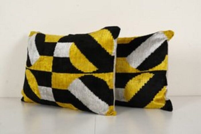 yellow velvet silk ikat lumbar pillow covers uzbekistan 2010s set of 2 3